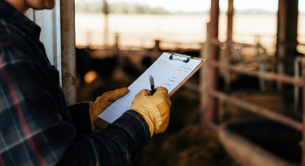 Pessoa com checklist em instalação bovina