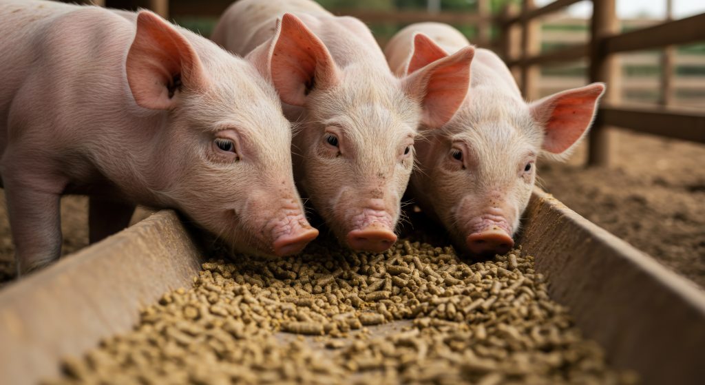 Leitões em cocho de alimentação