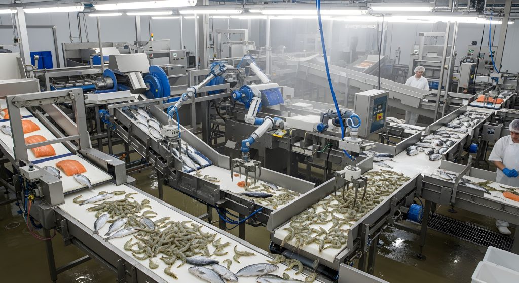 Linha industrial de processamento de pescado