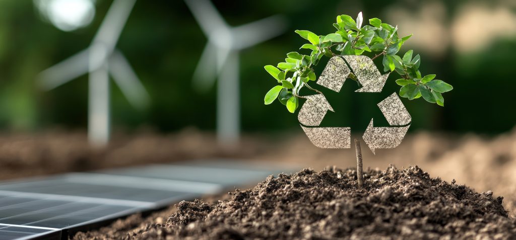 Símbolo de reciclagem próximo a energia renovável