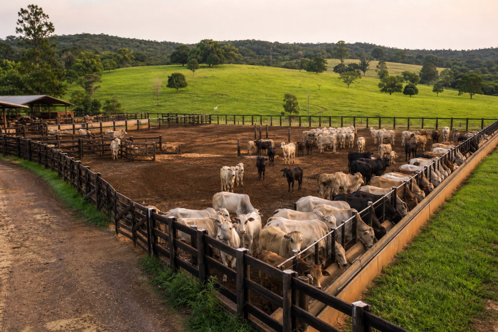 Estrutura de semiconfinamento com bovinos e cochos