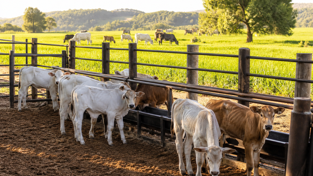 Bezerros de corte em cocho privativo durante manejo de creep feeding