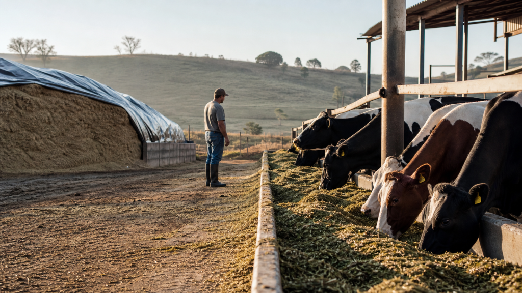 Produtor avalia a alimentação de vacas leiteiras ao lado de um silo de forragem em uma fazenda durante a entressafra do leite.