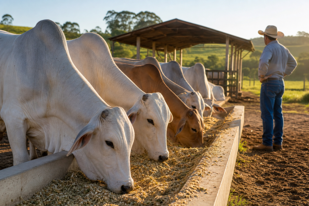 Gado de corte saudável consome ração balanceada em cocho limpo enquanto um produtor acompanha o manejo no campo