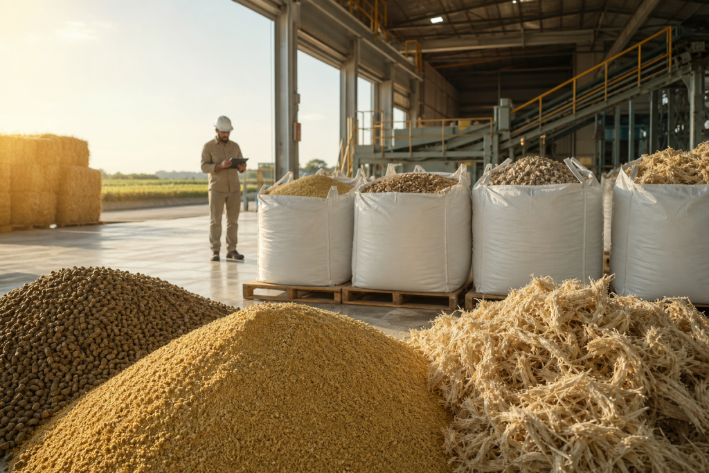 Subprodutos agrícolas organizados em sacos e montes dentro de um armazém, com trabalhador usando tablet ao fundo