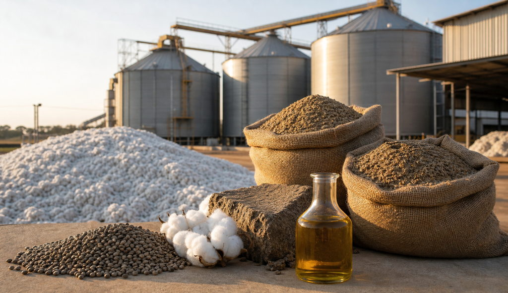 Caroço, torta e óleo de algodão diante de silos em uma unidade de processamento agrícola