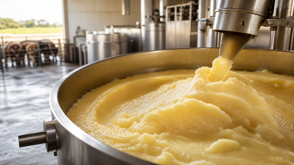 Sebo bovino dourado sendo processado em um tanque de aço inoxidável em uma unidade industrial