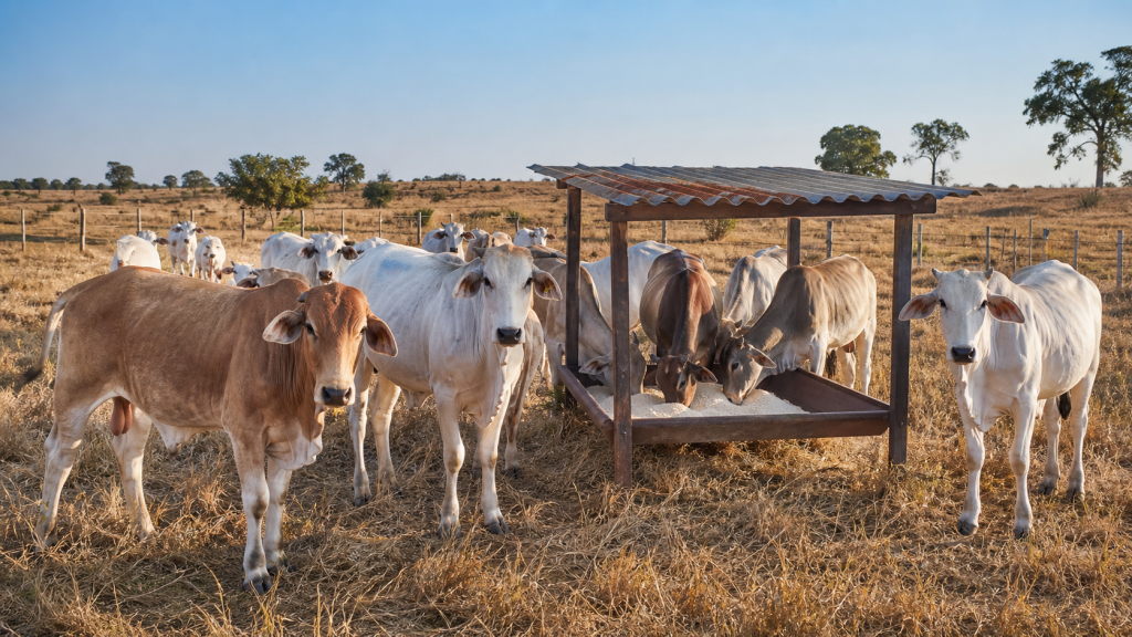 Rebanho bovino em pasto seco ao redor de um cocho coberto com sal mineral