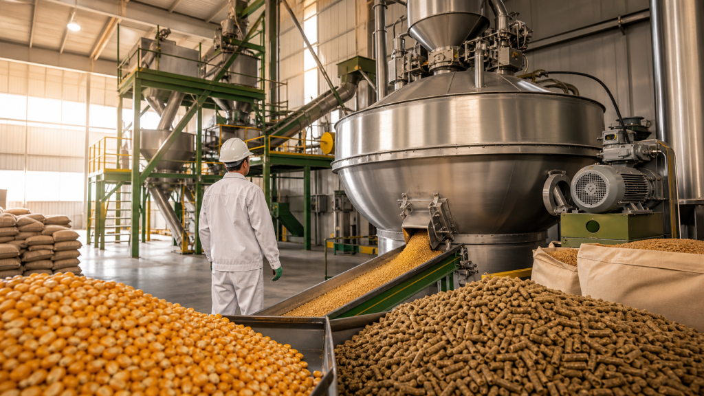 Interior de uma fábrica moderna de ração animal, com milho, pellets, esteira e equipamento industrial de mistura.