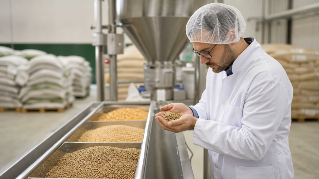 Profissional de controle de qualidade examina pellets de ração animal em uma fábrica moderna