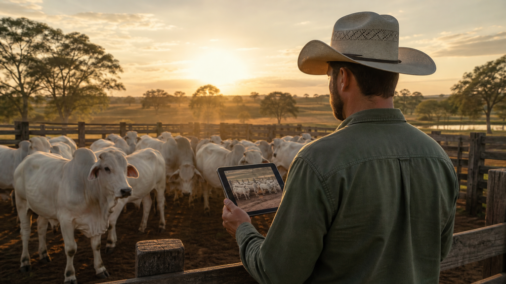Produtor acompanha um leilão virtual de gado pelo tablet diante de um lote em curral rural ao amanhecer.