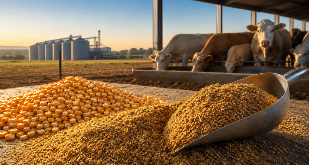 Milho e DDG em primeiro plano, com bovinos no cocho e silos de uma usina de etanol ao fundo