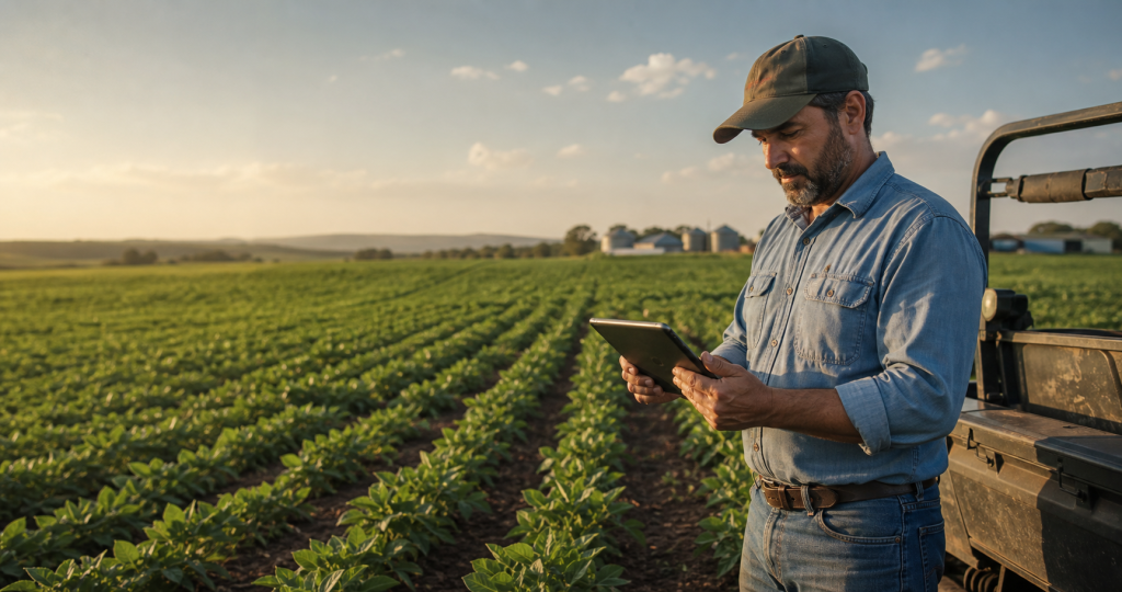 Produtor rural consulta um tablet em meio a uma lavoura ao entardecer