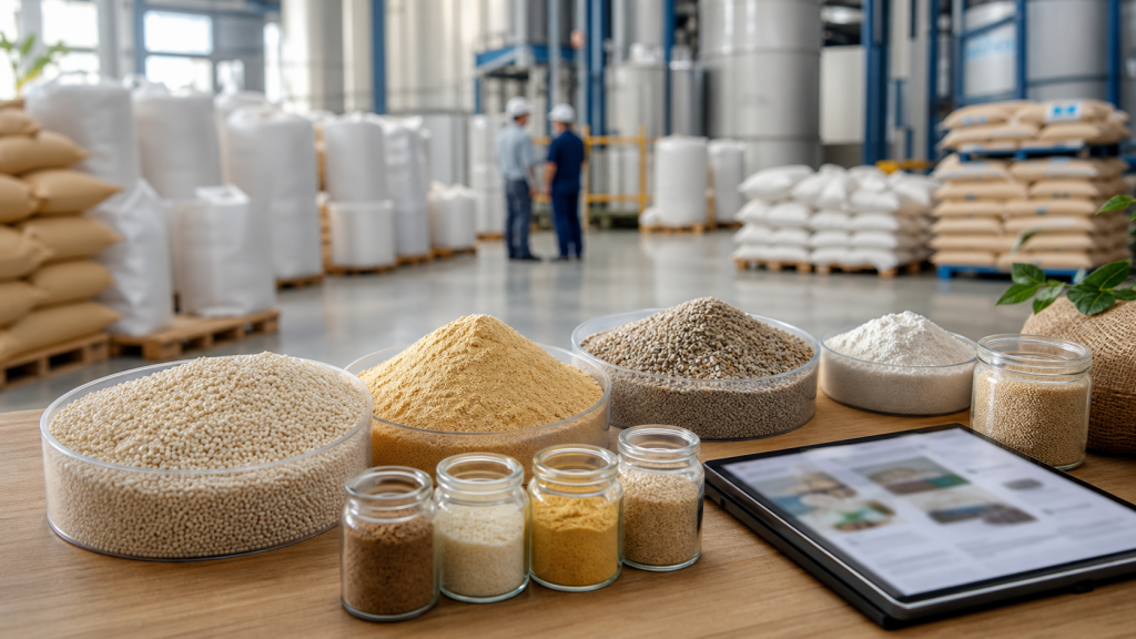 Ingredientes para nutrição animal em recipientes diante de sacarias e pallets em uma fábrica de ração, com tablet ao lado