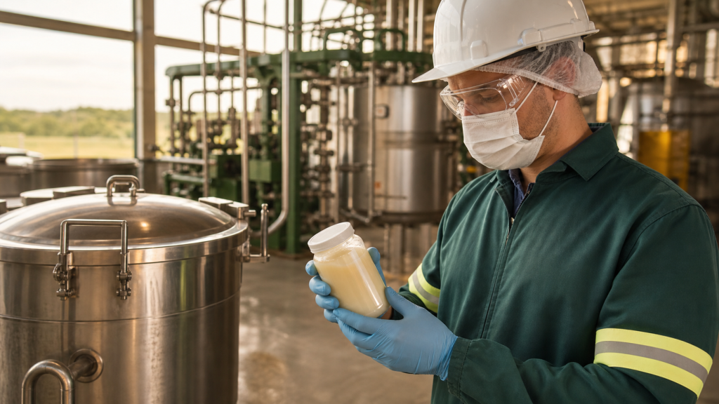 Trabalhador inspeciona gordura bovina em uma unidade de reciclagem animal ligada à produção de biodiesel
