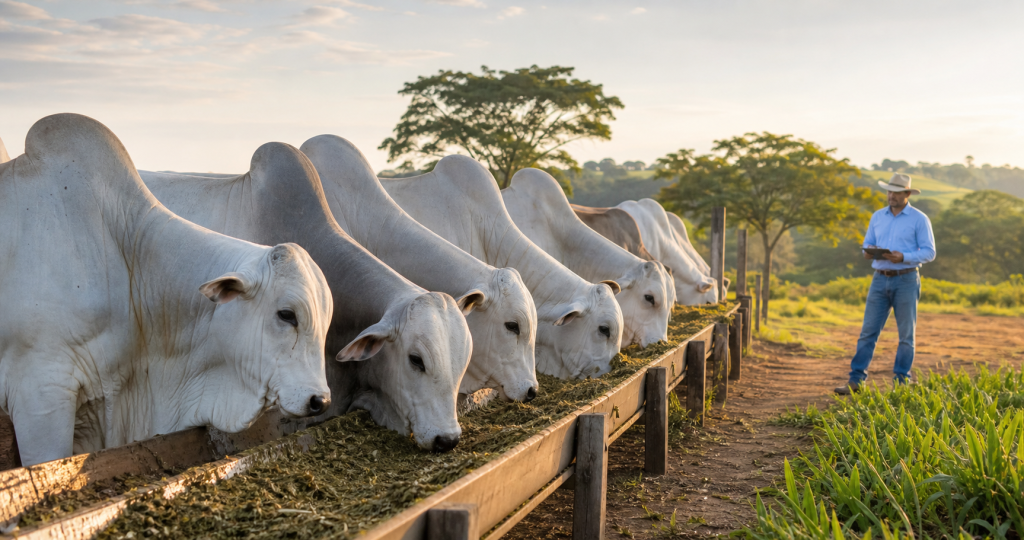 Bovinos Nelore consumindo forragem em cocho enquanto um profissional acompanha o manejo em uma fazenda