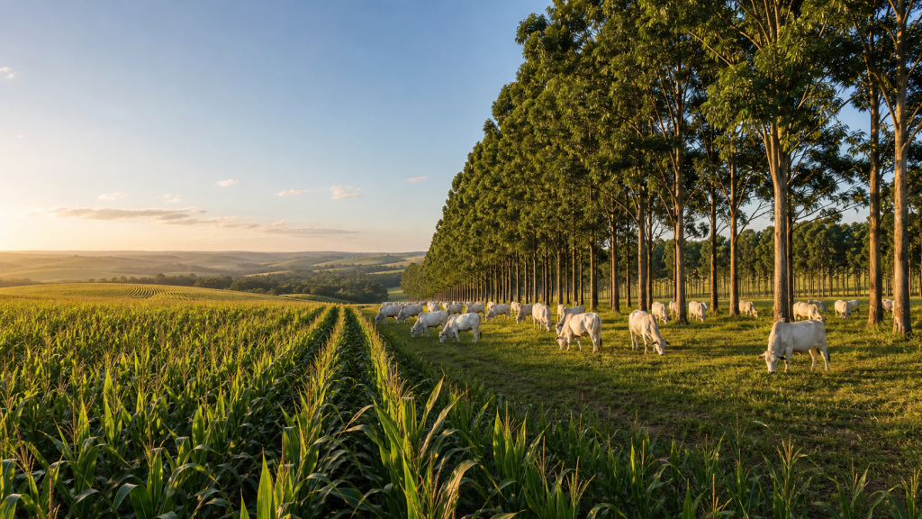 Lavoura de milho, gado e fileiras de árvores integrados em uma propriedade rural brasileira