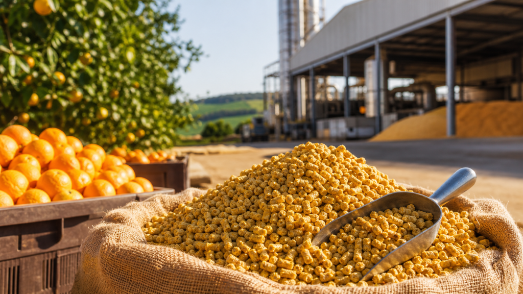 Pellets de polpa cítrica em saco de ráfia diante de um pomar de laranjas e uma unidade de processamento