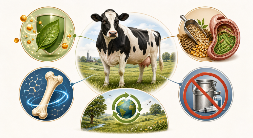 Infográfico sobre cinco pilares da nutrição sustentável em vacas leiteiras: equilíbrio oxidativo, uso eficiente de nutrientes, saúde óssea, uso responsável de antibióticos e cuidado com o meio ambiente.