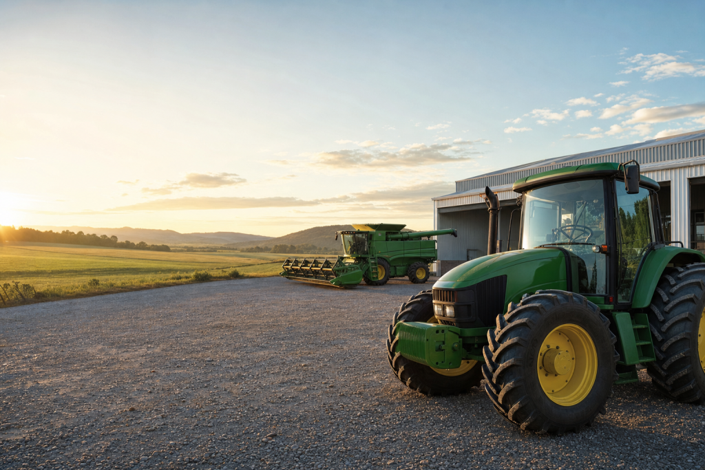 Trator e colheitadeira verdes estacionados em um pátio agrícola ao amanhecer, diante de um galpão e de campos ao fundo