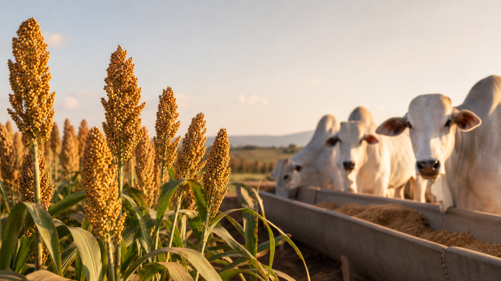 Lavoura de sorgo diante de um cocho com bovinos em uma fazenda