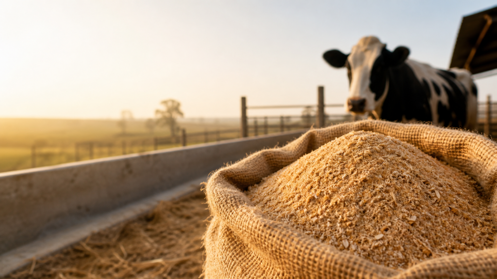 Saco de farelo de trigo ao lado de cocho, com vaca em uma propriedade rural ao fundo.