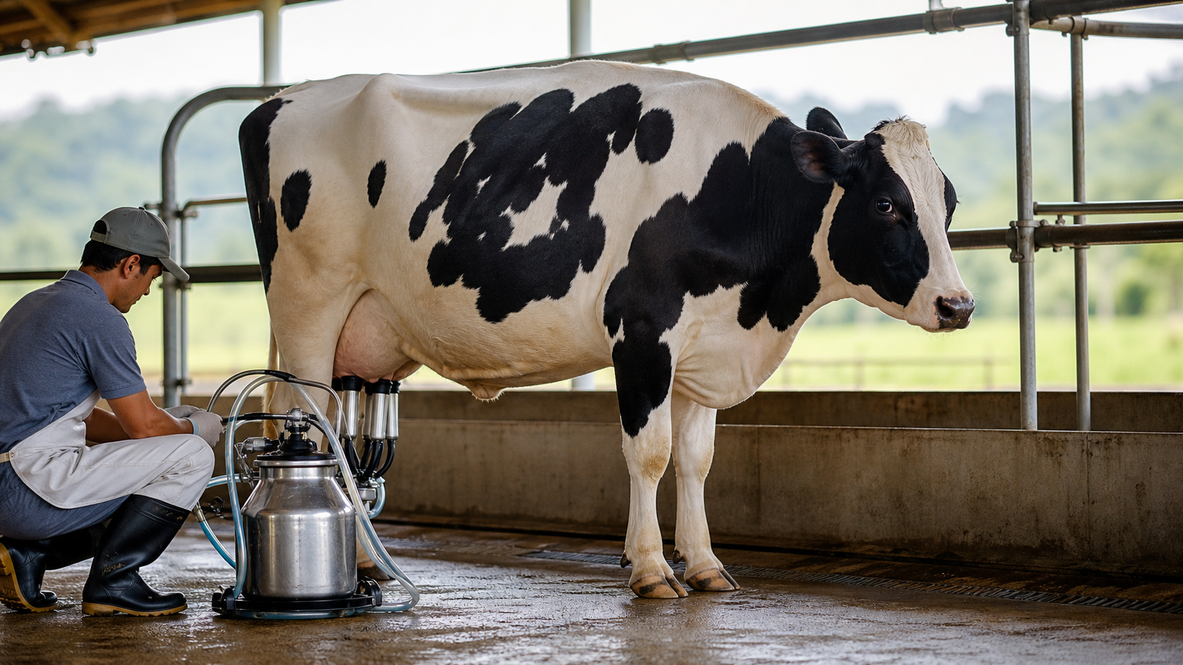Vaca Holandesa em ordenha mec&acirc;nica com operador em sala de ordenha limpa