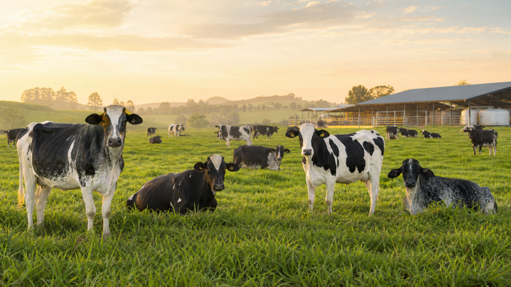 Rebanho de vacas leiteiras em pastagem verde ao amanhecer, com instalações rurais ao fundo.