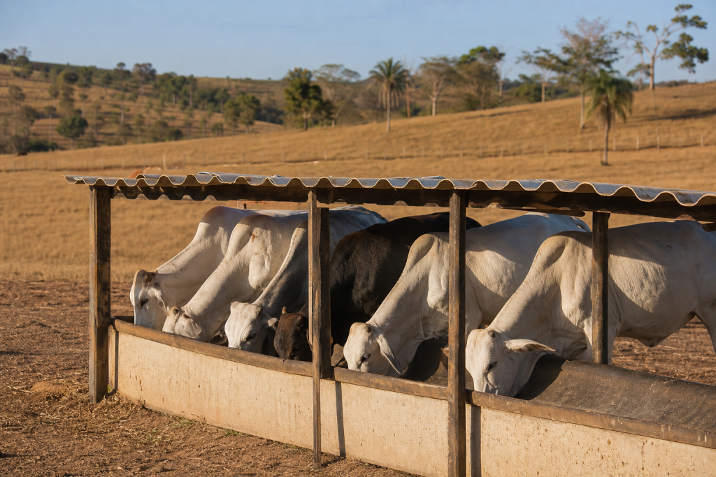 Bovinos saudáveis consumindo suplemento em cocho durante a seca