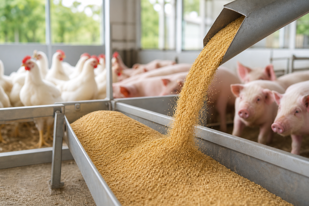 Farelo de soja sendo colocado em um cocho em uma instalação moderna de criação animal