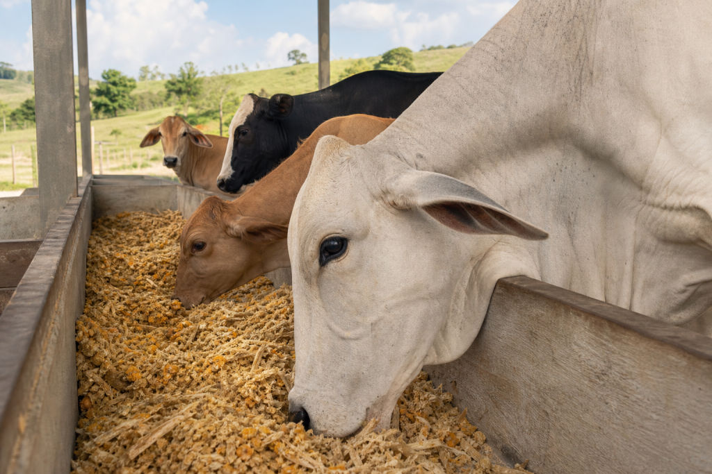 Gado se alimenta em cocho com mistura de subprodutos agrícolas em uma fazenda moderna