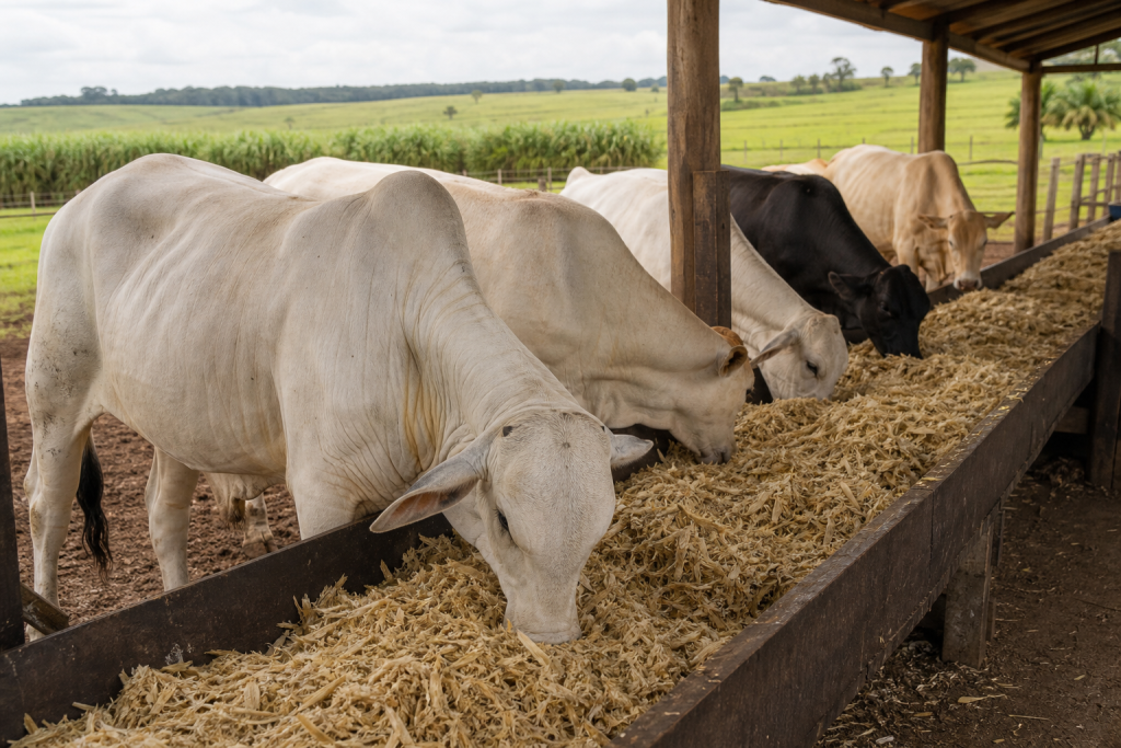 Bovinos se alimentam de bagaço de cana-de-açúcar processado em cocho de fazenda