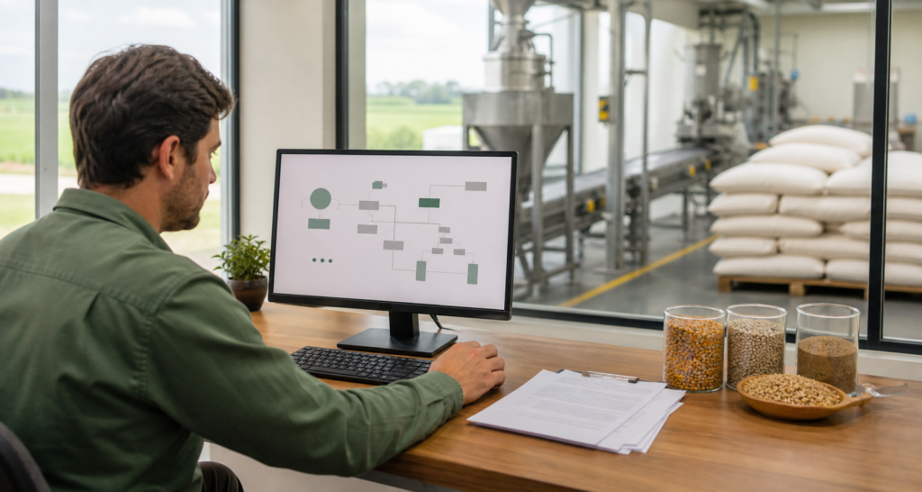 Responsável técnico acompanha um fluxo digital em computador diante de uma fábrica de alimentação animal