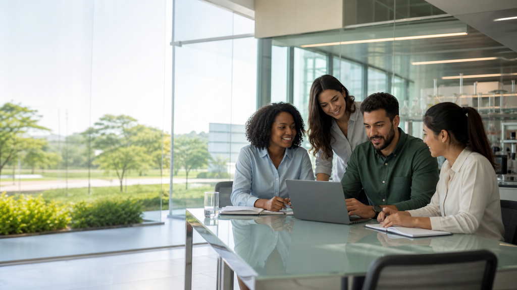 Profissionais diversos colaboram em uma mesa com notebook em um ambiente corporativo moderno de ciências da vida.