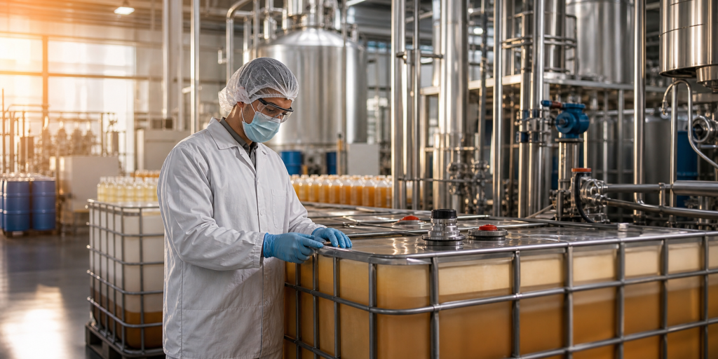Trabalhador em unidade industrial inspeciona tanques com gordura animal processada.