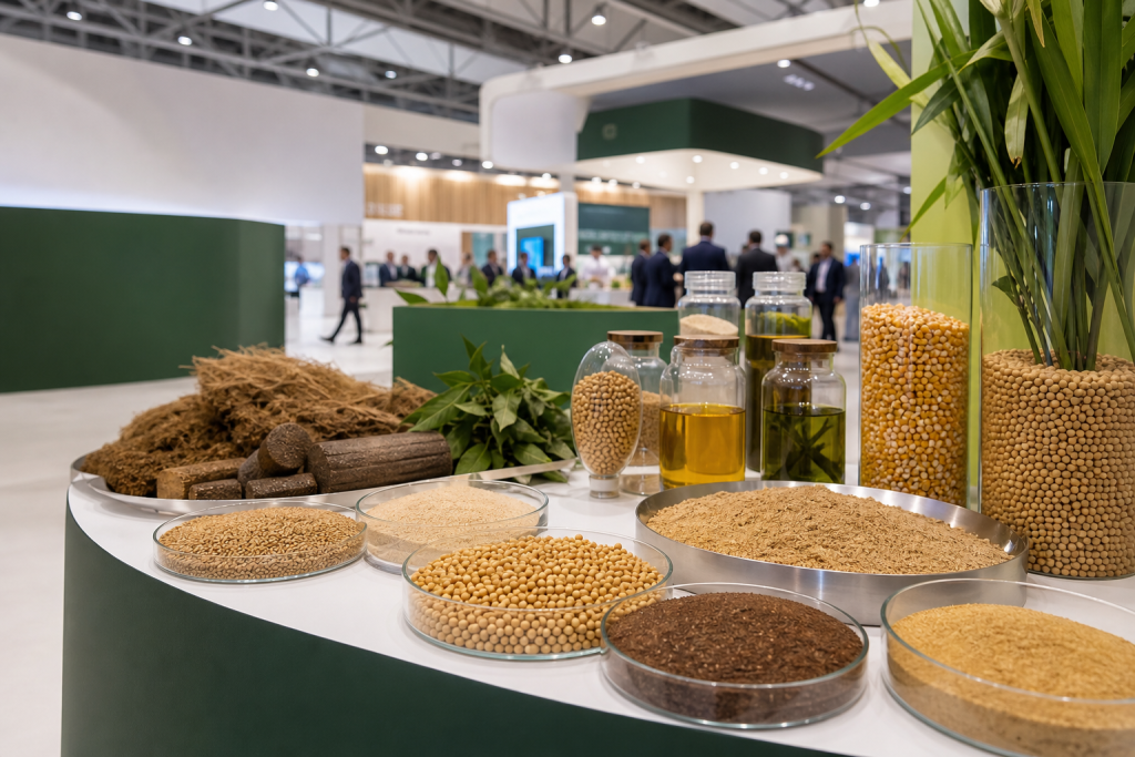 Exposição de grãos, óleos e ingredientes da agroindústria em feira profissional