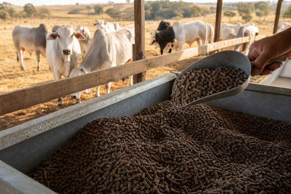 Ração peletizada sendo colocada em cocho diante de bovinos em pasto seco