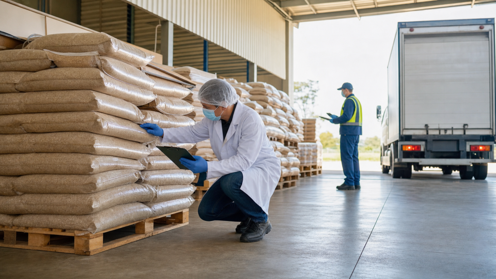 Profissional verifica sacos de alimentação animal em um armazém antes do transporte