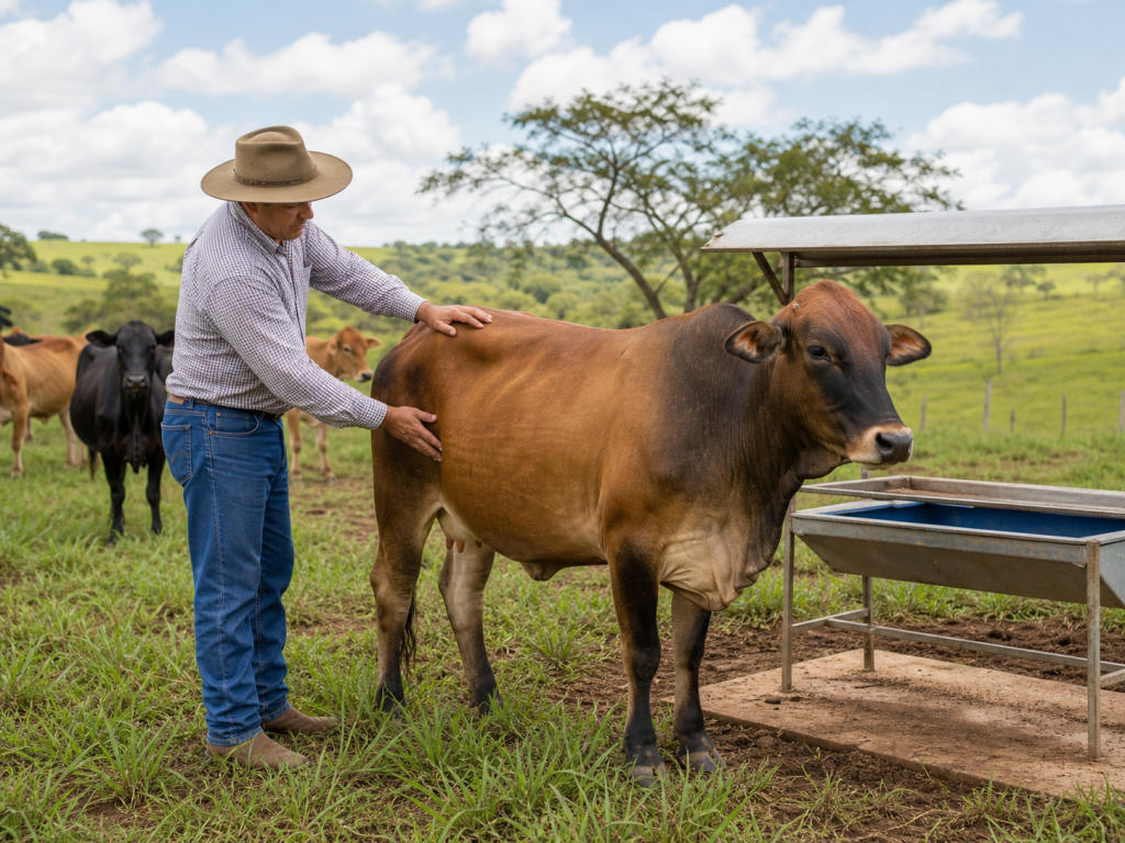 Produtor avaliando o escore de condição corporal de uma vaca saudável junto ao cocho de suplemento mineral