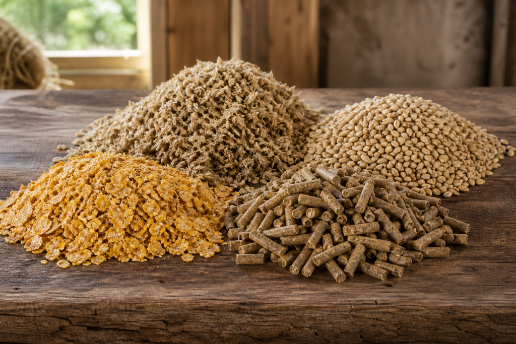 Subprodutos e ingredientes peletizados dispostos para alimentação de ruminantes