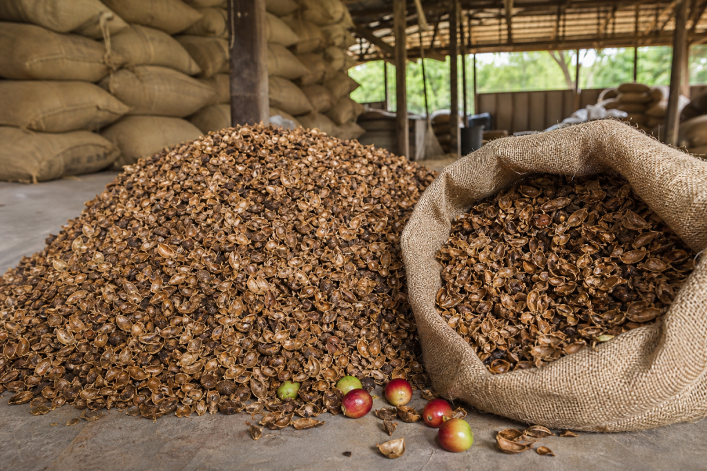 Grãos e coprodutos de café acondicionados em saco de juta