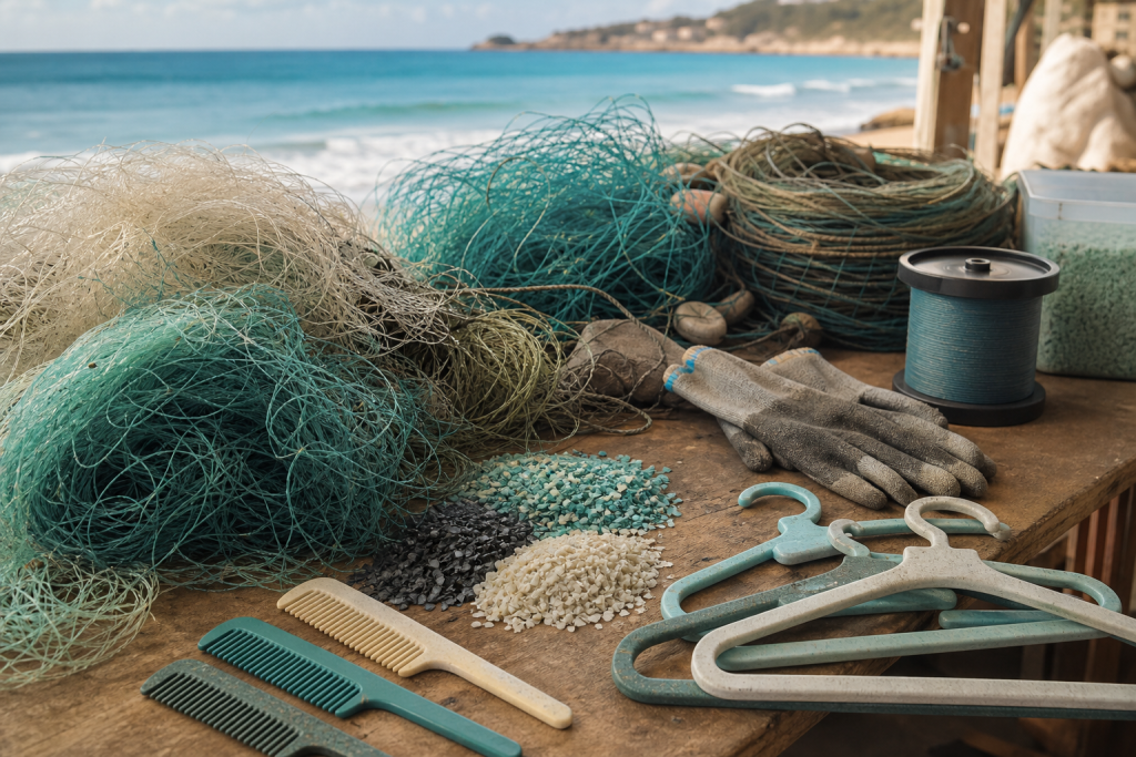 Redes de pesca recuperadas ao lado de pentes e cabides feitos de material reciclado em uma oficina costeira