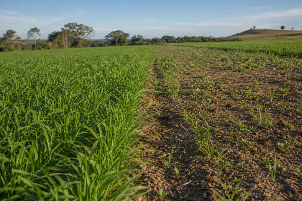Área de pastagem com emergência uniforme ao lado de uma faixa com falhas e plantas daninhas