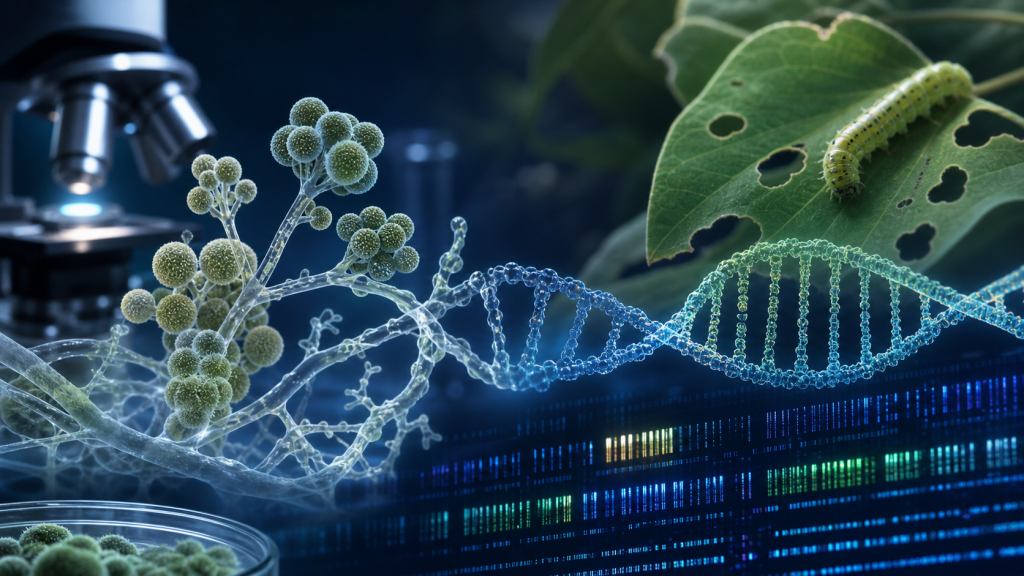 Ilustração científica mostra estruturas de Metarhizium rileyi conectadas a uma dupla hélice de DNA, com microscópio e lagarta sobre folha de soja ao fundo.