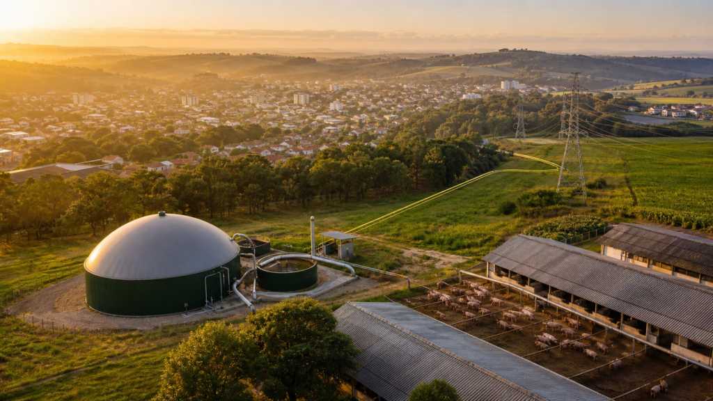 Biodigestor em propriedade suinícola com tubulações, criação de porcos, lavouras e cidade ao fundo ao amanhecer