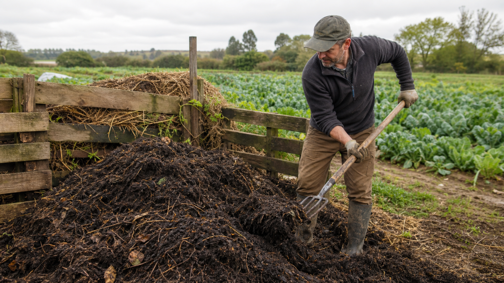 Agricultor revolvendo composto orgânico com um forcado ao lado de uma lavoura de hortaliças