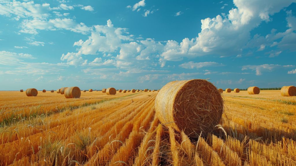 Fardos de biomassa em área agrícola