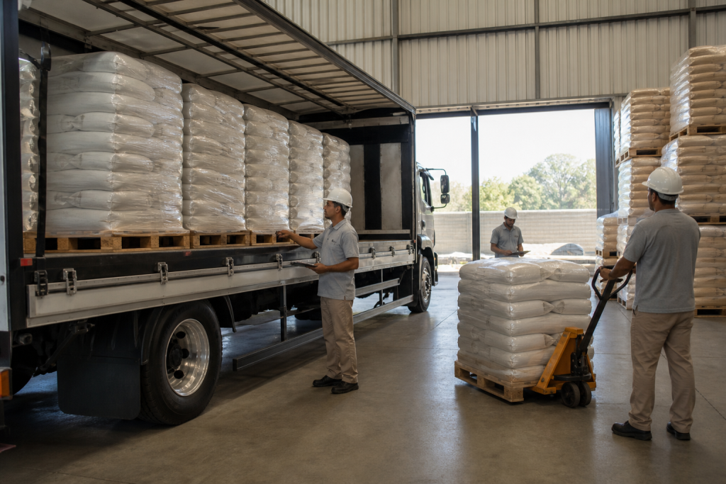 Caminhao com carga agricola em armazem