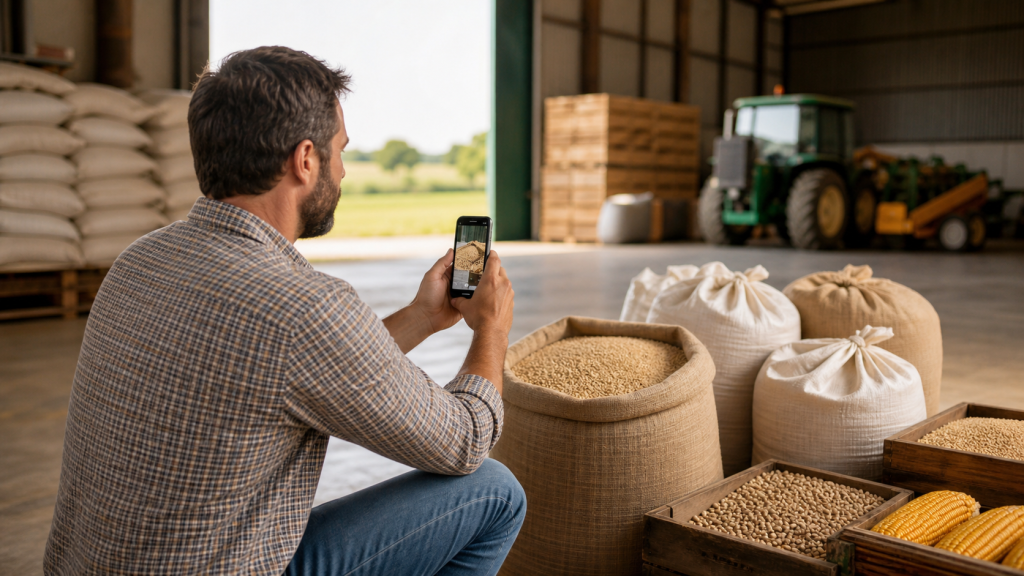 Produtor fotografando produto para anuncio agropecuario