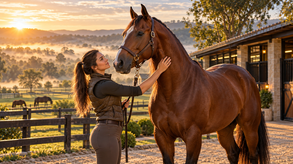 Tratadora cuidando de cavalo atleta em haras ao amanhecer